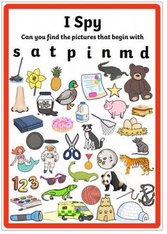 i spy can you find the pictures that begin with this book? and then use it