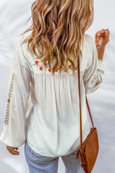 White Floral Embroidered Tassel Drawstring V Neck Blouse Embroidery Blouses, Expensive Clothes, Balloon Sleeve Blouse, Embroidery Top, Peasant Style, Chiffon Long Sleeve, Tie Blouse, Fashion Blouse, Chiffon Shirt