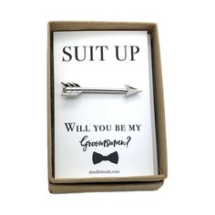 Gift for groomsmen, best man, Arrow tie bar, silver or gold arrow tie clip, carded Suit UP Will you Wedding Party Proposal, Buddy Gifts, Gift For Groomsmen, Best Man Wedding, Gold Arrow, Be My Groomsman, Gift Boxes With Lids, Bar Items, The Wedding Date