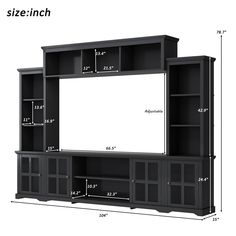 an entertainment center is shown with measurements for the doors and shelves on each side,