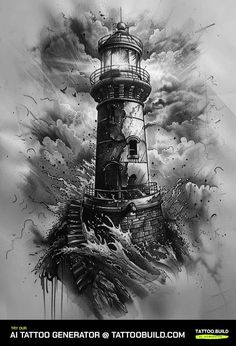 Try our tool and make your own 100% custom tattoo design. Lighthouse Tattoo Ideas, Lighthouse Tattoo Design, First Time Tattoos, Lighthouse Drawing, Basic Tattoos, Polynesian Tattoo Designs