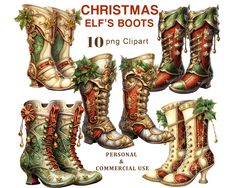 the christmas elf's boots are decorated with holly leaves and bells, all in different colors