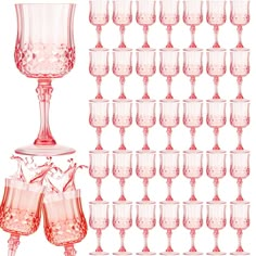 many wine glasses are lined up next to each other