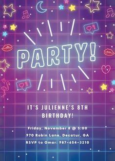 a party flyer with neon lights and stars