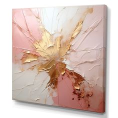 an abstract painting with gold leaf shapes on pink and white canvas, mounted to the wall