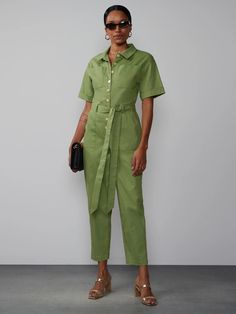 Short Sleeve Twill Utility Jumpsuit | NY&Co Green Short Sleeve Jumpsuit With Pockets, Belted Utility Jumpsuit For Workwear, Utility Belted Jumpsuit For Workwear, Casual Fitted Jumpsuits And Rompers With Belt Loops, Fitted Casual Jumpsuits And Rompers With Belt Loops, Utility Relaxed Fit Jumpsuit In Solid Color, Utility Style Jumpsuits And Rompers With Relaxed Fit, Casual Workwear Jumpsuit With Flap Pockets, Utility Style Jumpsuits And Rompers With Button Closure