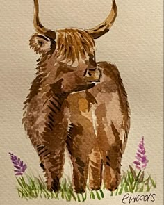 a watercolor painting of two cows standing in the grass with purple flowers behind them