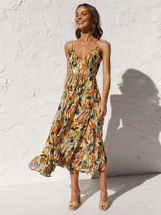 Multi Color Print Cami Midi Dress Colorful Midi Dress, Colorful Summer Dresses, Stile Boho Chic, Cami Midi Dress, Sleeveless Outfit, Dress Sleeve Styles, Sling Dress, Style Maxi Dress, Printed Midi Dress