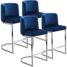 four blue chairs sitting next to each other in front of a white background with silver legs