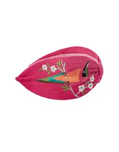 It arrives in a pink hue and is embroidered with bird and flowers. Color- Pink Bird Headband, Flowers Color, Soft Headbands, Head Bands, Flower Crown, Pouch, Flowers, Pink, Color