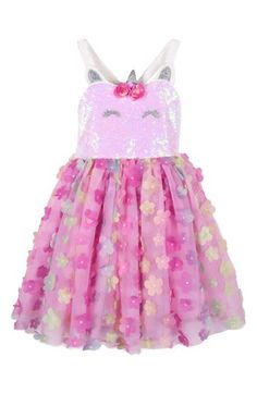 Three-dimensional blooms lend texture to the skirt of this showstopping kid-sized party dress with a sequin-adorned bodice and unicorn features. Lined Bodice is 95% polyester, 5% spandex; skirt is 100% polyester Hand wash, line dry Imported Sleeveless Embellished Princess Dress For Spring, Spring Embellished Princess Dress For Dress-up, Whimsical Sequined Dresses For Parties, Embellished Dresses For Summer Pageant, Whimsical Spring Princess Dress For Pageant, Summer Party Embellished Princess Dress, Summer Pageant Dress With Sequins, Spring Pink Embellished Princess Dress, Spring Sequin Dress For Pageant