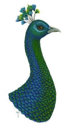 a painting of a peacock with blue feathers and green leaves on it's head