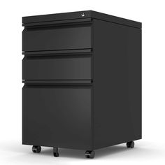 a black filing cabinet sitting on top of a white floor