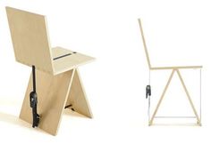 two chairs made out of plywood and wood, one with the seat folded back