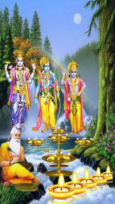 the four avatars of hindu deities in front of a waterfall with candles on it