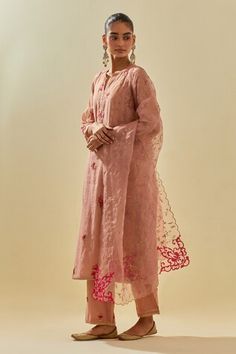 Pink kurta with zari embroidery featuring floral silk applique clusters, embellished by sequins. Comes with embellished pant, scalloped hem dupatta and inner slip. - Aza Fashions Spring Silk Embroidered Anarkali Set, Spring Embroidered Silk Anarkali Set, Reception Salwar Kameez With Floral Embroidery In Tissue Silk, Festive Organza Palazzo Set With Floral Embroidery, Festive Floral Embroidered Organza Palazzo Set, Silk Salwar Kameez With Floral Embroidery For Reception, Traditional Tissue Silk Sets For Spring, Spring Reception Traditional Wear With Resham Embroidery, Traditional Wear Straight Kurta With Floral Embroidery In Organza