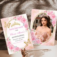 a pink and gold wedding save the date card with a photo of a woman wearing a tiara