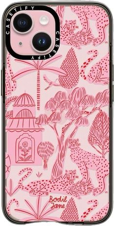 a pink phone case with an image of animals and trees