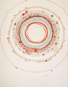 an abstract painting with circles and dots in red, white, and blue on paper