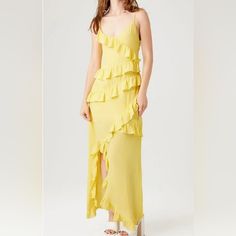 Nwt, Forever 21, Yellow, Sleeveless Maxi Dress, With Riffle Front, Asymmetrical Style Bottom, Side Zipper, Adjustable Strap Back, Size Xl. No Stretch, Lined, No Smoke No Pet Home. Ruffle Maxi Dress, Ruffled Maxi Dress, Pet Home, Sleeveless Maxi Dress, Asymmetrical Dress, Forever 21 Dresses, Side Zipper, Forever 21, Maxi Dress