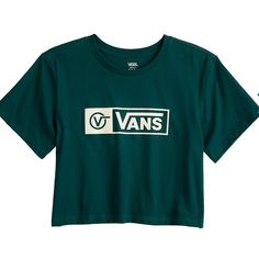 Hunter Green Short Sleeved Cropped Tshirt With White Vans Graphics As Shown 100% Cotton Green Basic Top With Logo Print, Basic Green Tops With Logo Print, Vans Graphic Print Tops, Vans Graphic Tee With Graphic Print, Vans Relaxed Fit Graphic Tee, Vans White Relaxed Fit Tops, White Short Sleeve Vans Tops, Vans Short Sleeve Top With Letter Print, Casual Vans Tops With Graphic Print