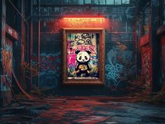 an empty room with graffiti on the walls and a framed panda bear sitting in it