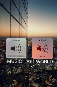 an image of music versus world in the city at sunset or sunrise with sound equalizer and volume