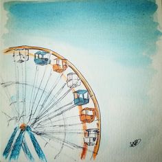 a drawing of a ferris wheel in watercolor and ink on paper, with blue sky behind it