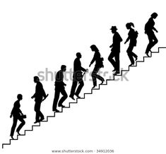 silhouettes of people walking up stairs to the sky with their hands in their pockets