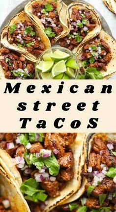 mexican street tacos on a plate with limes and cilantro in the background