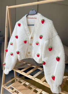 Cute strawberry cardigan with you!❤️ %100% handmade and strawberry carefully sewn. There is no nylon in the rope we use in our cardigan. This soft cardigan will be a great gift to yourself and your loved ones. 🍓  If you want to change the color of the cardigan, the buttons or the strawberry colors, you can send me a message. I will always be here to communicate and meet you. 💬  - PACKAGING - We support protecting nature. we use recyclable packages. Handmade accessories suitable for the model a Cute Knit Cardigan, Cute Strawberry Things, Cute Sweaters For Women, Strawberry Core Outfit, Crochet Strawberry Sweater, Crochet Strawberry Cardigan, Cute Crochet Sweaters, Useful Gift Ideas For Women, Cardigans Aesthetic