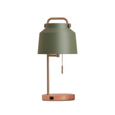 a green lamp with a wooden base on a white background