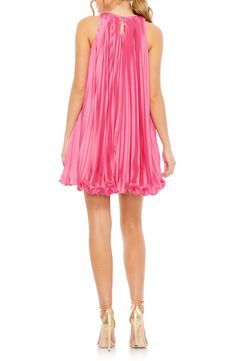 Get into a gorgeous groove with a '70s-inspired cocktail dress powered by pleats and cut to a leggy length. 34 1/2" length Halter neck Sleeveless, with cutaway shoulders Lined 100% polyester Spot clean Imported Asian Owned/Founded Pink A-line Pleated Party Dress, Silk Cocktail Dress With Accordion Pleats, Cocktail Silk Dress With Accordion Pleats, Fitted Silk Pleated Mini Dress, Silk Fitted Pleated Mini Dress, Silk Pleated Fitted Mini Dress, Chic Knee-length Pleated Dress For Cocktail, Chic Knee-length Pleated Cocktail Dress, Spring Pink Dress With Pleated Back