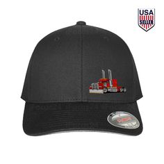 "TRUCKER HAT FLEXFIT FITTED CAP BIG RIG TRUCK for PETERBILT KENWORTH FREIGHTLINER Handmade item. Made to order. Hat:  98% Cotton / 2% Spandex. Hat color: Black. Logo: White, Gray, Red, Black, Silver High Quality Embroidery. Size: L/XL (7 1/8\" - 7 5/8\").           (Optional Size - S/M ( 6 3/4\" - 7 1/4\"), please make a Request for smaller Size by Esty contacts/messages).           If you need XXL Size (7 5/8\" - 8\"), please contact us for a special order.  Fast Shipping to USA only   Attentio Fitted Trucker Baseball Cap With Curved Bill, Fitted Trucker Hat With Curved Bill, Fitted Trucker Snapback Hat With Curved Bill, Fitted Trucker Snapback Hat With Flat Bill, Fitted Trucker Hat Snapback Style, Fitted Trucker Snapback Baseball Cap, Black Bolt, Big Rig Trucks, Big Rig