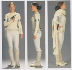 three different views of a woman in star wars costumes, one wearing a white outfit and the other holding a book