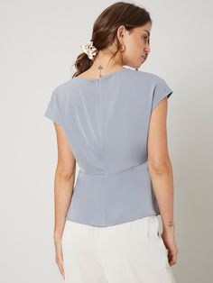 Dusty Blue Elegant  Cap Sleeve Polyester Plain Peplum  Non-Stretch Summer Women Tops, Blouses & Tee Dressy Clothes, Elegant Tops, Blue Bodycon Dress, Dressy Tops, Trendy Fashion Women, Women Tops, Fashion Sewing, Dusty Blue, Cap Sleeve