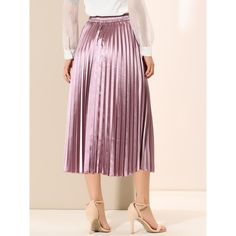 Accordion pleats enhance the dimension and movement of this midi skirt, while the metallic design underscores its sleek style. It's pleated all around for this trending midi skirt. Feel free to pair it with black block-heel sandals. Whether you're dressing up or down, this skirt is perfect for any occasion. A casual and simple style, never out of fashion, is a must-have item in your wardrobe. This fashionable and trendy clothes for women can not only be worn daily, but can also be easily matched Pleated Satin Bottoms For Party, Pleated Midi-length Bottoms For Night Out, Pleated Party Skirt, Pleated Party Skirt For Spring, Flared Accordion Pleated Skirt For Party, Spring Pleated Party Skirt, Pleated Skirt For Spring Party, Party Satin Skirt With Folds, Knee-length Pleated Waist Party Bottoms