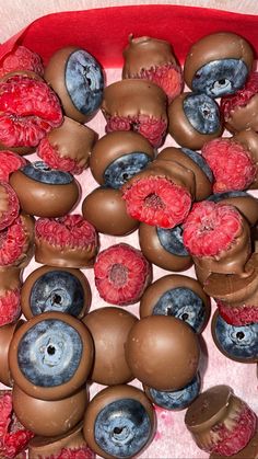 raspberries, blueberries and chocolate covered donuts are in a red bowl