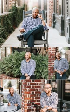 a man sitting on top of a chair next to a brick wall