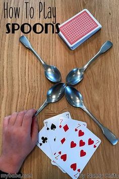 spoons and playing cards on a table with the words how to play spoons