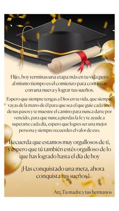 a graduation card with gold confetti and a mortar on it, in spanish