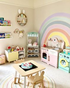 a child's playroom with lots of toys and decor on the walls in pastel colors