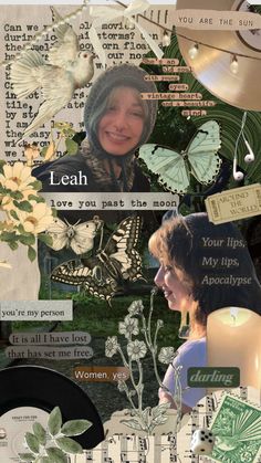 collage with words and images about women in the world, including flowers, butterflies, music notes, and candles