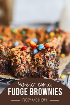 monster cookies fudge brownies on a cooling rack with text overlay that reads, monster cookies fudge brownies