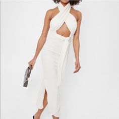 Nasty Gal - This Dress Features A Halter, Midi Silhouette Crossover Design. Cut Out At Front, Tie Belt, Open Back , Ruched Detail Throughout. Size Us 2 Uk 6 (True To Size Very Litte Stretch) 95% Polyester 5% Elastine. Machine Washable. Model Wears Sz 6 White Bandage Dress For Date Night, Chic Halter Neck Bandage Dress, Chic Bandage Dresses For Spring, Spring Bandage Dress For Date Night, Spring Chic Bandage Dresses, Spring Bandage Midi Dress For Date Night, Wrap Dress Midi, Green Bodycon Dress, Donna Morgan Dress