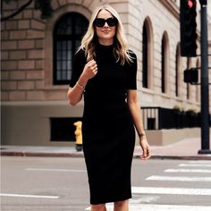 Business Casual Black Dress With Sleeves Classic Black Stretch Bodycon Dress, Classic Black Dress For Night Out, Casual Short Sleeve Bodycon Dress For Evening, Classic Bodycon Midi Dress For Night Out, Black Knee-length Bodycon Dress, Casual Black Bodycon Dress For Work, Sleek Short Sleeve Bodycon Dress For Night Out, Short Sleeve Midi Dress For Going Out, Classic Black Fitted Mini Dress