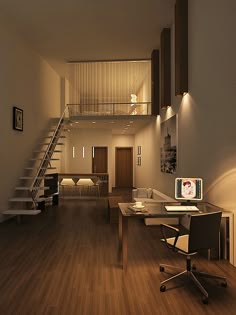 a room with wooden floors and stairs leading up to the second floor is lit by lights