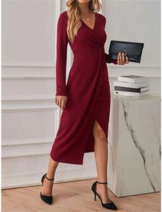 Women's Party Dress Red Christmas Dress Cocktail Dress Dress Midi Dress Wine Long Sleeve Pure Color Split Spring Fall Winter V Neck Winter Dress Christmas Holiday A-line Midi Dress For Night Out, Chic V-neck Dress For Holiday Party, Solid Color Midi Dress For Party, Party Midi Dress In Solid Color, Long Sleeve Party Midi Dress, Winter A-line Midi Dress For Date Night, Solid Color Dresses For Date Night And Party Season, Elegant Dress For Party Season, Elegant Solid Color Party Dress