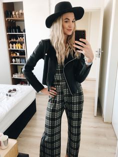 Black hat. Jacket. Dungaree. Check. Blonde hair. Leather jacket Genuine Leather Jackets, Dungarees, Women's Fashion, Genuine Leather