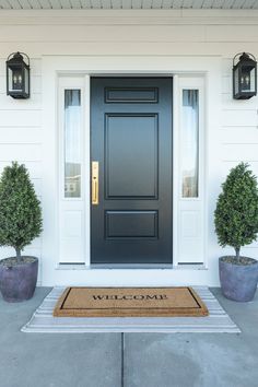 two potted plants on the front porch of a house with welcome mat and doormat